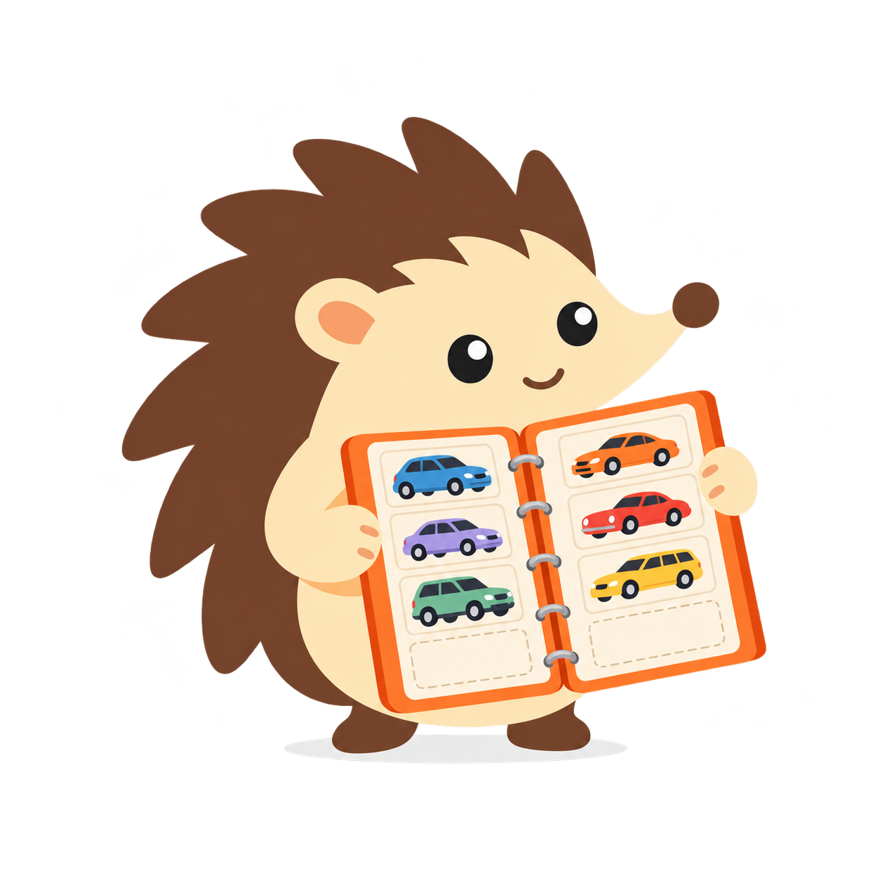 Buddy the hedgehog shows his binder of collectible cars.